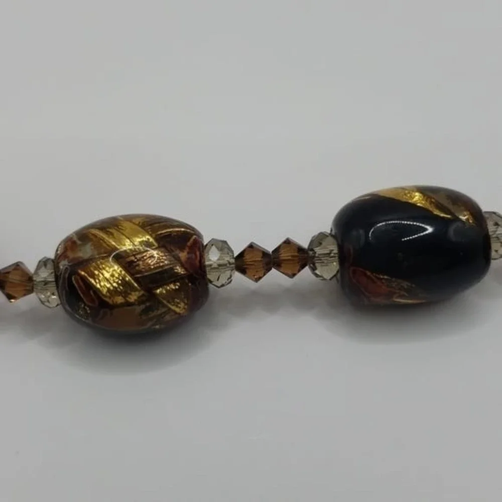 Elegant Glass Bead Bracelet Gold‎ Black Brown Crystal Accents Silver Clasp